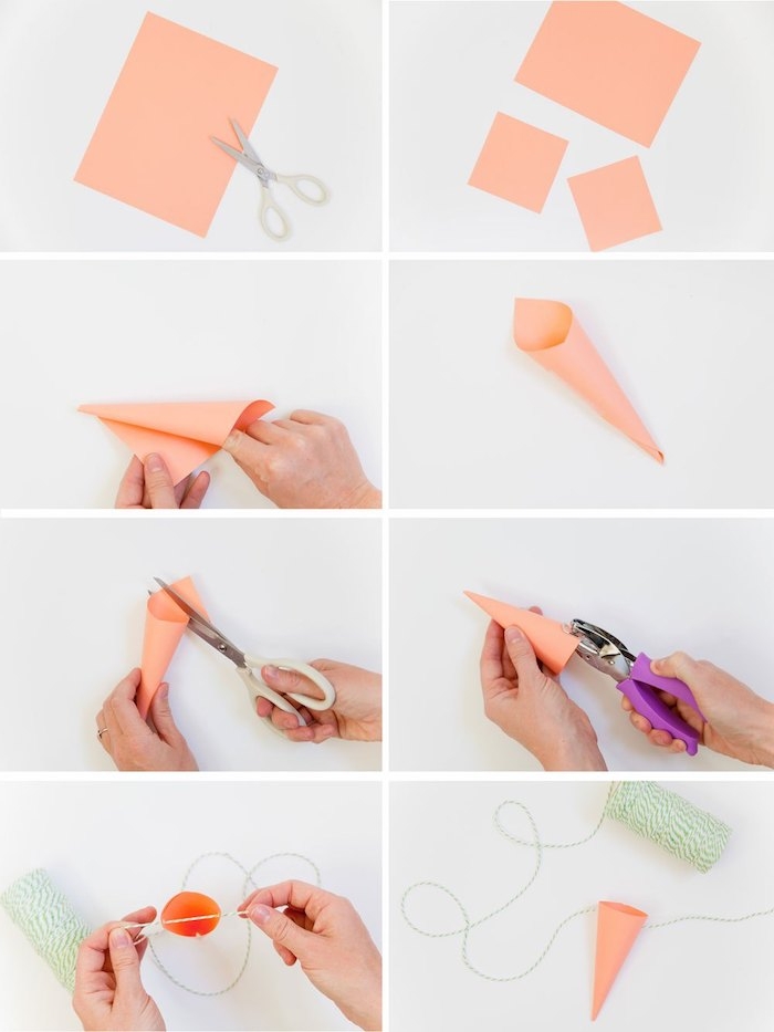 activités manuelles paques, tuto pour fabriquer une cône en papier pour réalise rune carotte pour votre guirlande de carottes