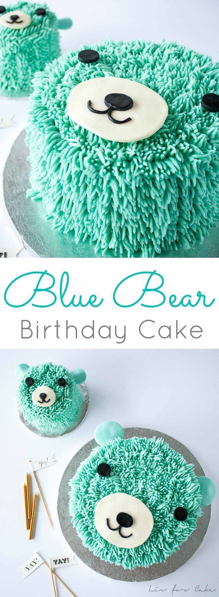 jolie décoration réalisée avec glaçage tuquoise et de la pâte à sucre, gâteau d anniversaire petit ours mignon