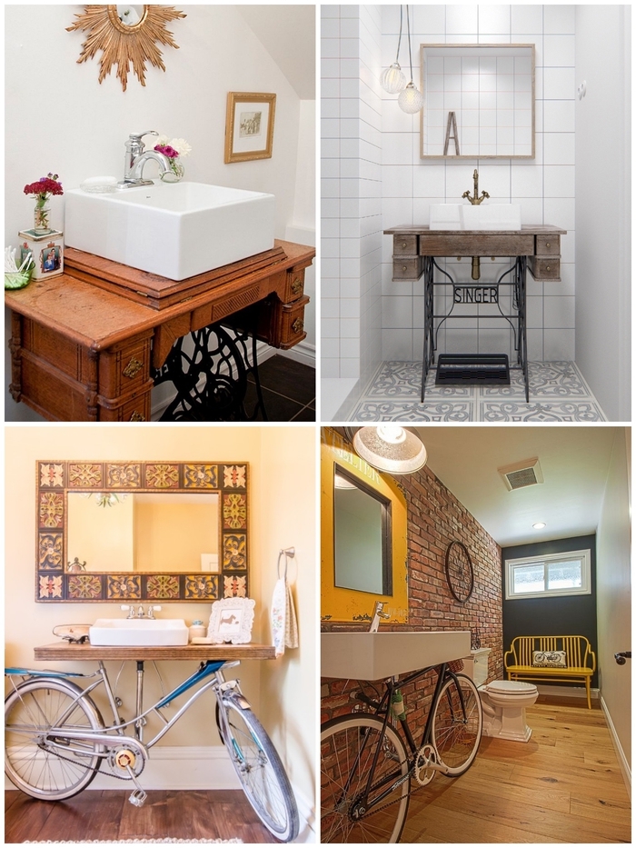 meuble salle de bain original réalisé à partir d'une ancienne table de machine à coudre ou un vélo récupéré pour une touc
