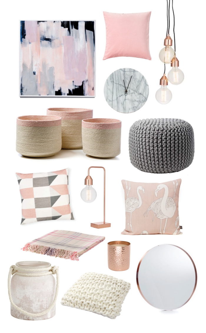 objets pour la déco d'une pièce en rose gold et gris, modèles de coussins à design tropical en rose poudré et gris