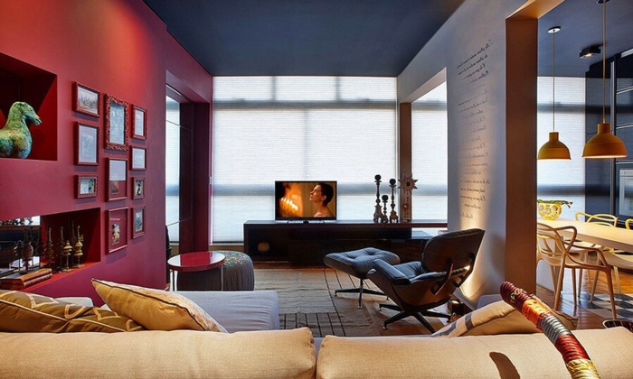 salle à manger et séjour contemporain, meuble de tv bas, sofa couleur beige