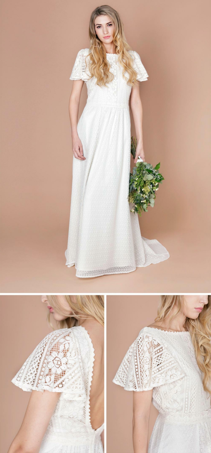 robe de mariage style boho chic, manches courtes fluides, cheveux looses, grand bouquet forestier