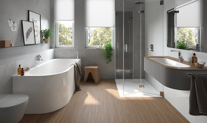 exemple salle de bain avec murs gris et sol en parquet beige, renovation salle de bain avec douche italienne