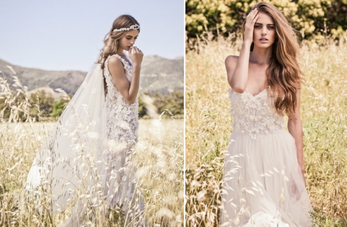 robe de mariée originale, long voile, robe de mariée fluide, un champ de blé