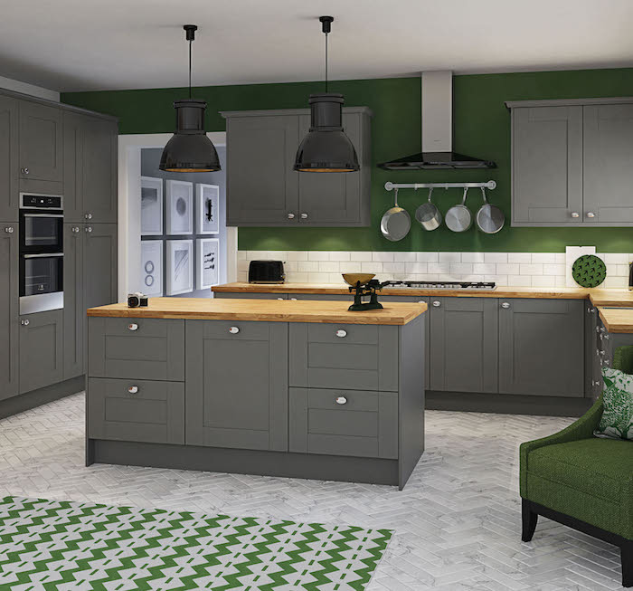 modele de cuisine 3d équipée moderne, idées pour aménagement de nouvelle cuisine gris et vert