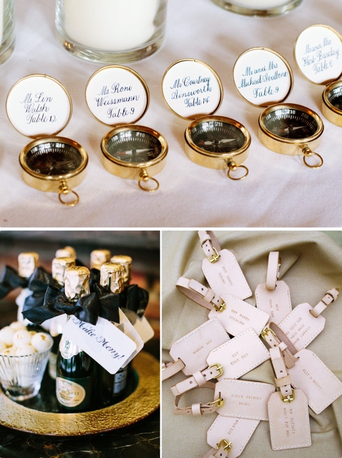exemple et idée cadeau invité mariage, souvenir original et pratique en forme de compas ou mini bouteille de vin en noir et or