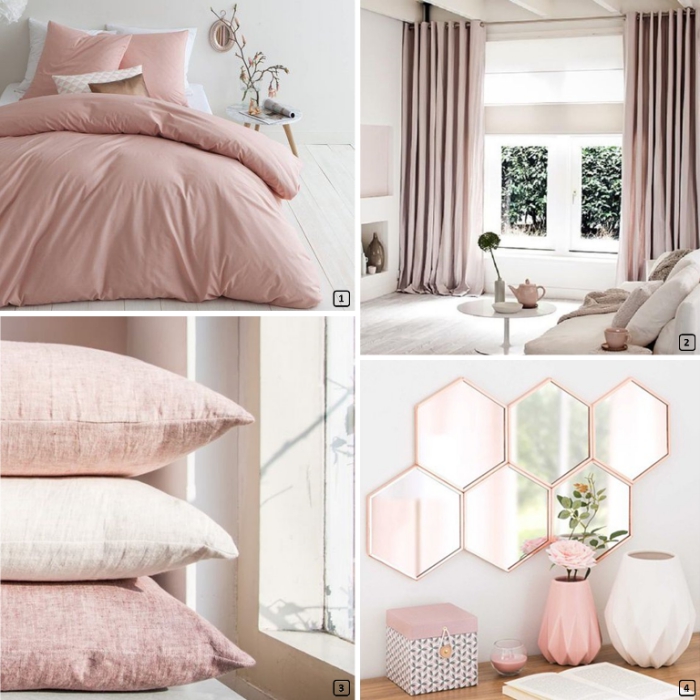 linge de lit de couleur rose pastel pour une déco de chambre rose poudré, modèle de miroir à motifs géométriques et cadre rose gold