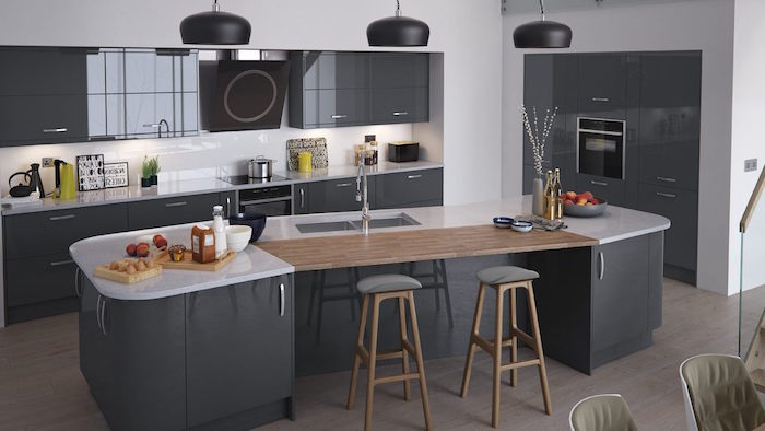 modele cuisine gris laqué anthracite, associer les couleurs dans une cuisine design moderne