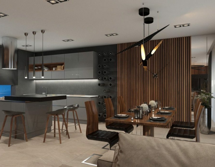 cuisine contemporaine, design bois et gris, table avec des chaises, îlot de cuisine gris avec un top noir