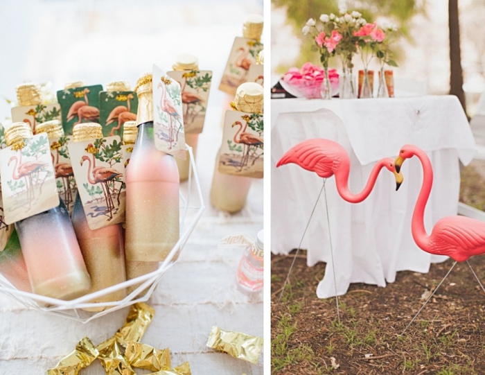 modèles de bouteilles personnalisées avec étiquettes à design flamant pour un mariage à thème tropicale 