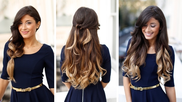 exemple de coiffures romantiques sur cheveux longs et bouclés de couleur ombré avec racines noires et pointes blondes