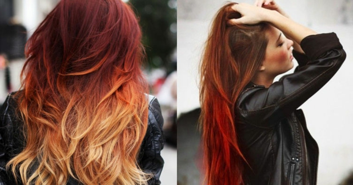 ombré rouge, couleur cheveux sunset, couleur initiale rouge et blond orangé