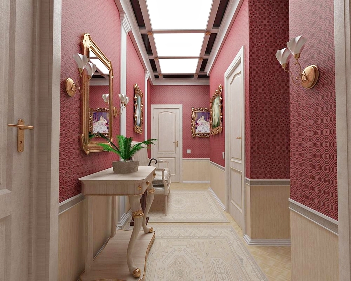 couloir en rouge et beige avec meubles de bois clair et objets à finition dorée, exemple de plafond avec fenetre