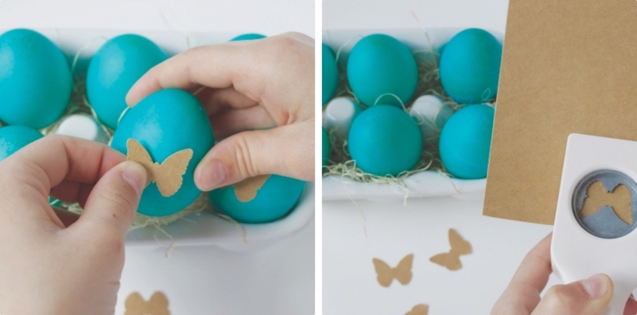 comment décorer les oeufs de pâques avec papillons de carton à effet 3D, peinture alimentaire de nuance turquoise