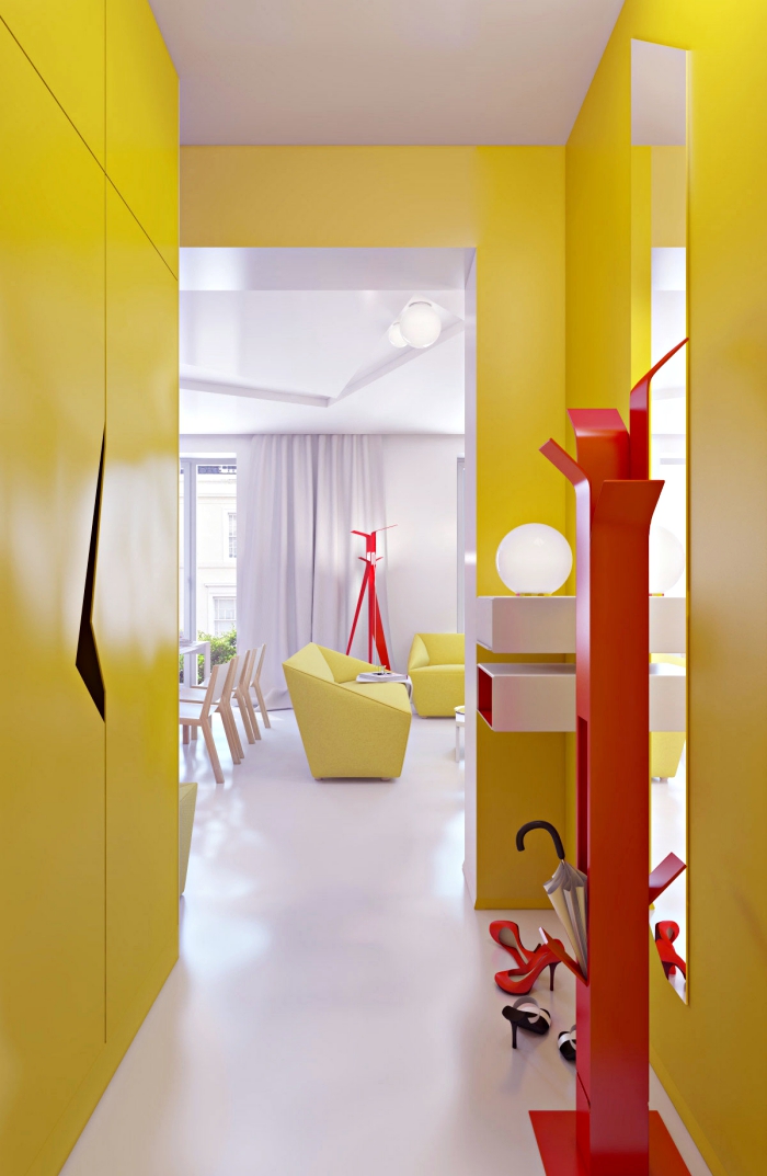 comment intégrer les couleurs vibrantes dans la déco moderne, exemple d'aménagement du couloir en jaune et rouge