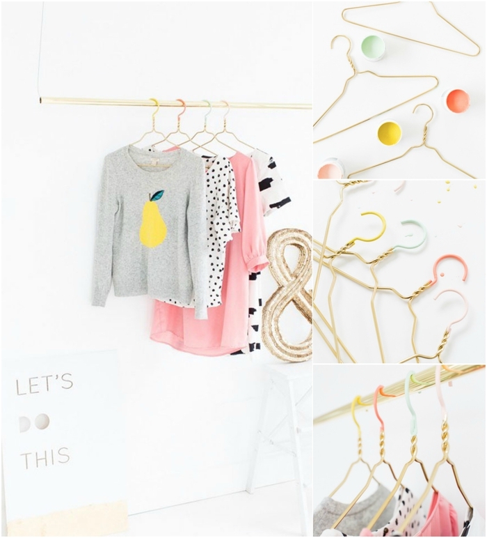 une penderie minimaliste en laiton avec des cintres personnalisées peintes en nuances pastel pour un joli accent deco pour chambre