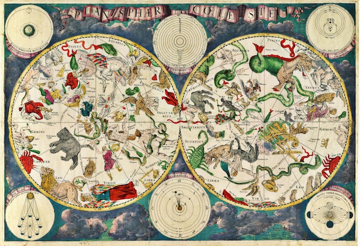 Carte du ciel ancien avec animaux et créatures mythiques 