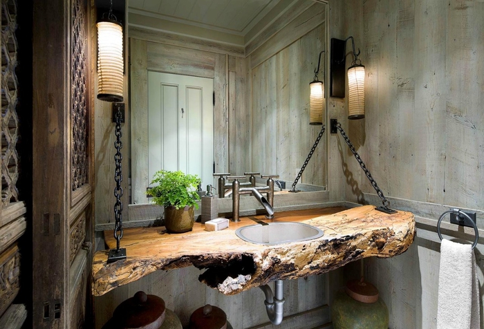 esthétique authentique dans une salle de bain industrielle équipée d'un plan-travai 