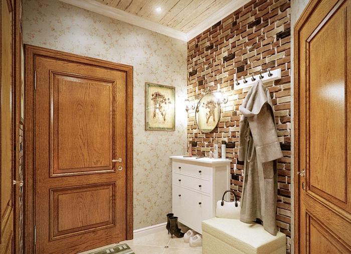 exemple de déco intérieur qui joue avec les styles vintage rustique et industriel, couloir beige en matériaux bruts bois foncé