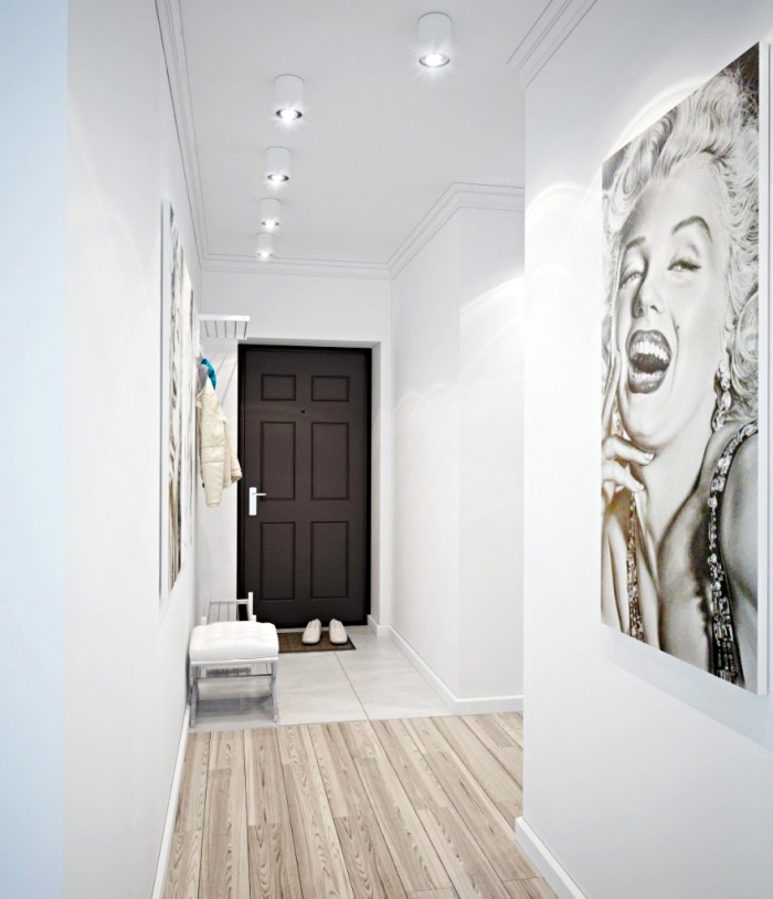 idée peinture couloir et entrée claires en blanc avec parquet de bois et décoration plafond en bordure de plâtre