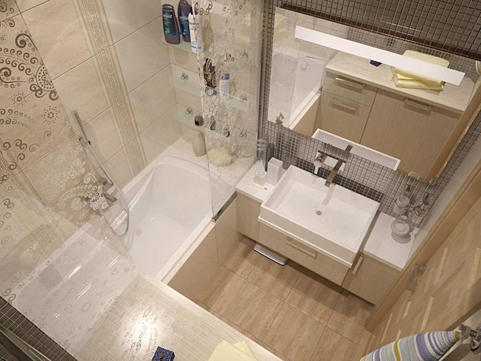 salle de bai italienne petite surface avec carrelage beige, lavabo blanc, carrelage sol beige, portes baignoire coulissantes, grand miroir
