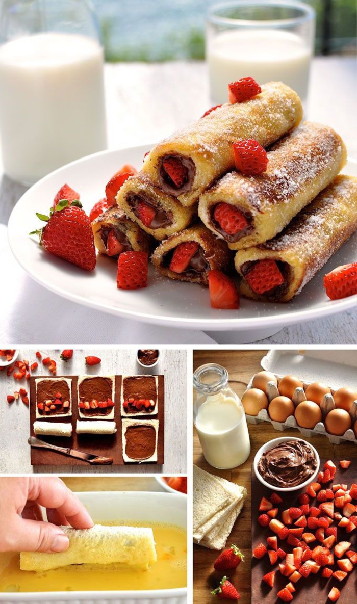 recette de pain perdu roulé au nutella et fraises pour un petit-déjeuner gourmand à deux ou entre amis