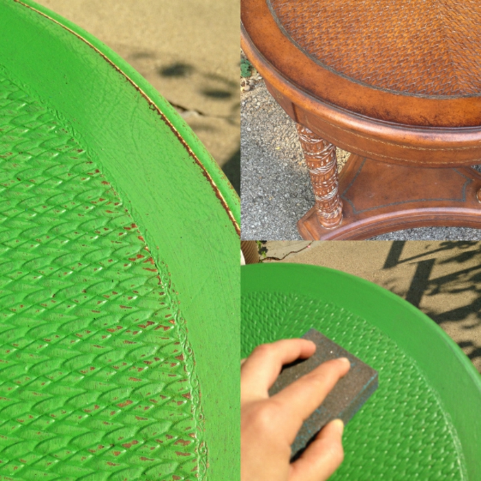 table ronde en bois peinte verte, techniques pour relooker des meubles, renover table en bois
