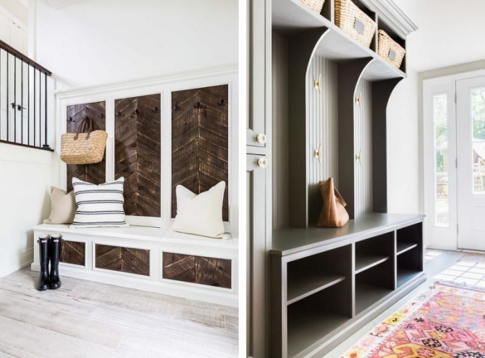 modèle de déco chaleureuse d'entrée en bois et blanc avec banc et coussins, tapis à design géométrique multicolore