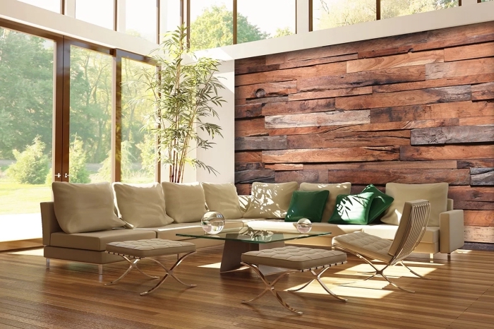 aménagement salon spacieux avec meubles de bois et décoration murale en papier peint imitation bois foncé 