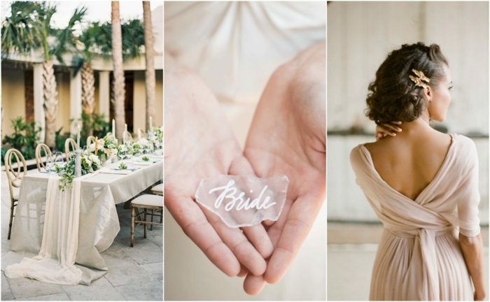 décoration romantique pour un mariage champêtre, robe rose poudré, grande table avec une nappe blanche