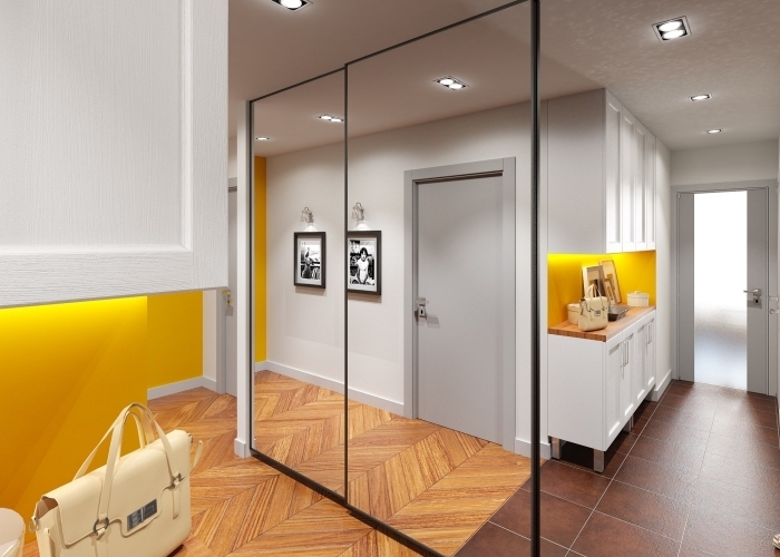 avec quelle couleur associer le jaune dans la déco moderne de couloir et entrée, meuble garde-robe couloir moderne à portes miroirs