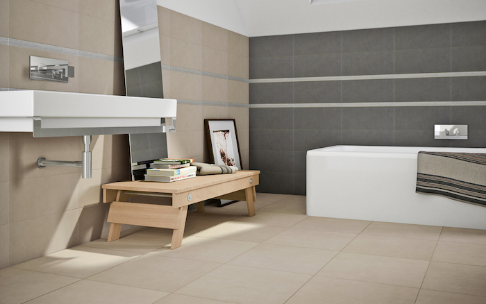modele de salle de bain beige et gris rénovée, credence carrelage sol sdb beige, faience murale grise et beige pour salle de bain