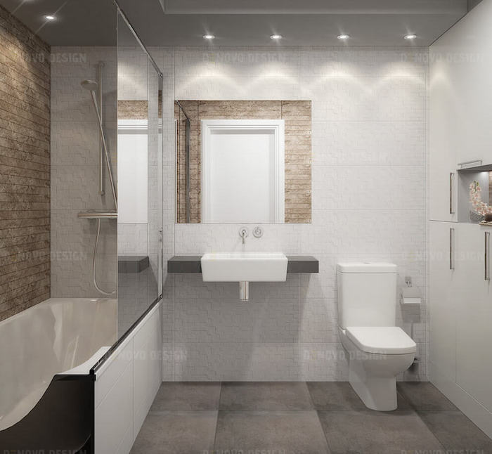 sol de sdb gris avec grand carrelage, faience blanche pour salle de bain toilettes, faience beige pour douche