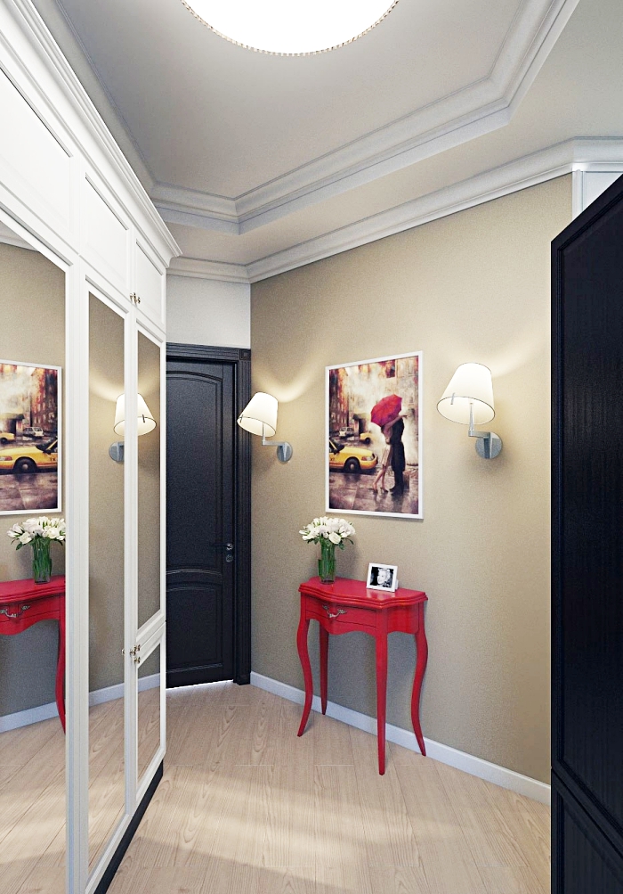 comment aménager intérieur aux meuble entrée couloir rouge et noir avec murs taupe et plafond blanc avec bordure plâtre