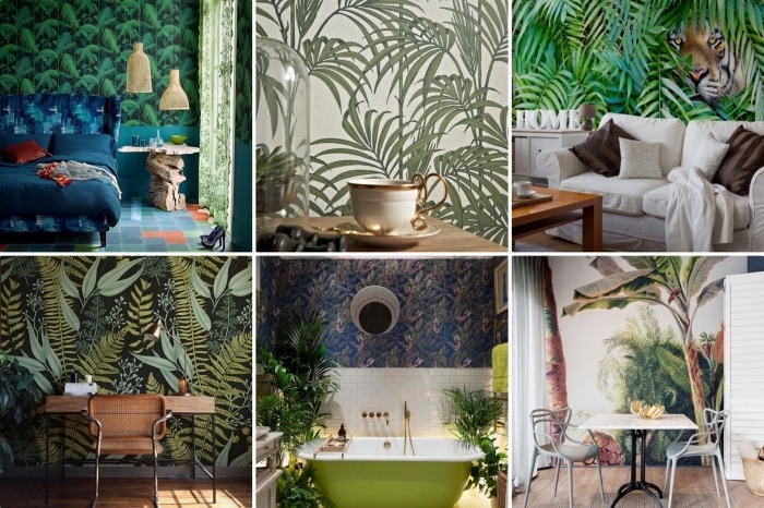design intérieur moderne avec papier peint jungle tropicale, déco de chambre à coucher en vert et bleu foncé, aménagement de salle de bain en style exotique