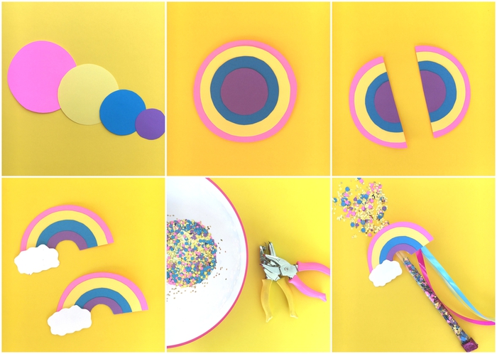 tuto-baguette-magique-arc-en-ciel-remple-de-confettis-licorne-deco-table-activités-anniversaire-fille comment réaliser une baguette arc-en-ciel remplie de confettis, idée pour une activité anniversaire fille