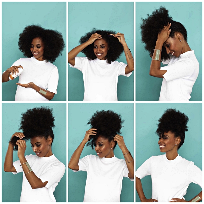tuto coiffure afro femme pour réaliser un afro puff sur cheveux naturels, idée coiffure facile et rapide pour cheveux naturels
