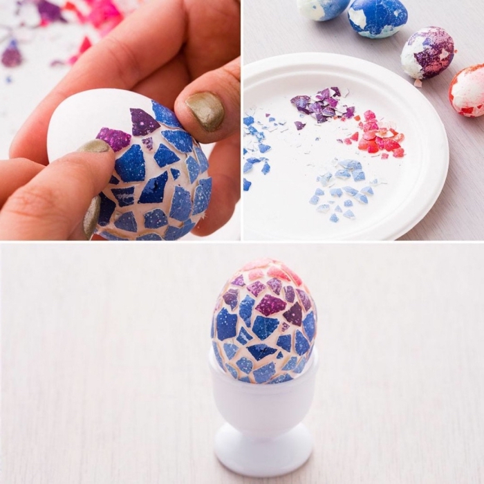 decoration paques facile à effet glace brisé avec morceaux de coquillage colorés en violet et bleu foncé