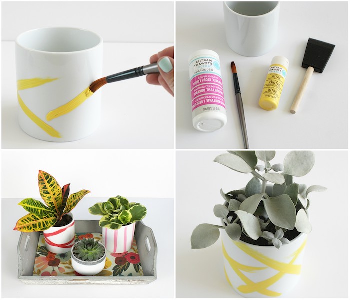 projet créatif pour customiser des pots de fleurs blancs avec des traits de peinture, idée de bricolage fête des mères maternelle