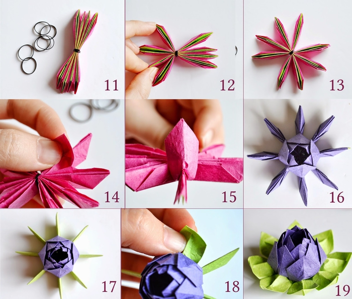 le pliage final d'un modèle d'origami fleur de lotus réalisé en papier aux couleurs vitaminées, idéal pour une déco de table fleurie 