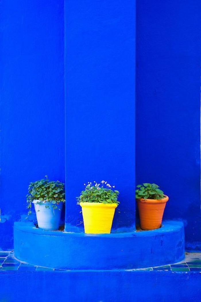 comment décorer son jardin en bleu roi, pots en bleu, jaune et en terre cuite avec des plantes, ambiance marocaine, mosaïques avec des éléments en bleu roi