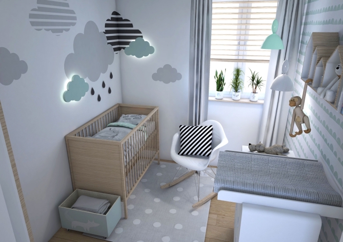quelles couleurs associer pour une deco chambre bebe scandinave, petite chambre avec décoration murale en nuages 3D et meubles de bois clair