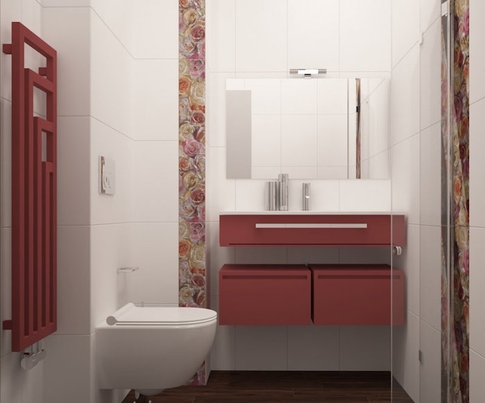 idée décoration salle de bain neuve blanc et rouge moderne avec douche toilette suspendu et lavabo mural