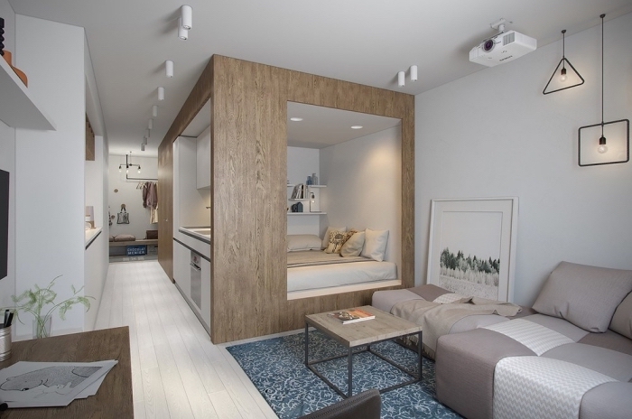 cube fontcionnel pour une deco petit appartement réussi avec espace intime pour dormir équipé d'un lit et étagères murales