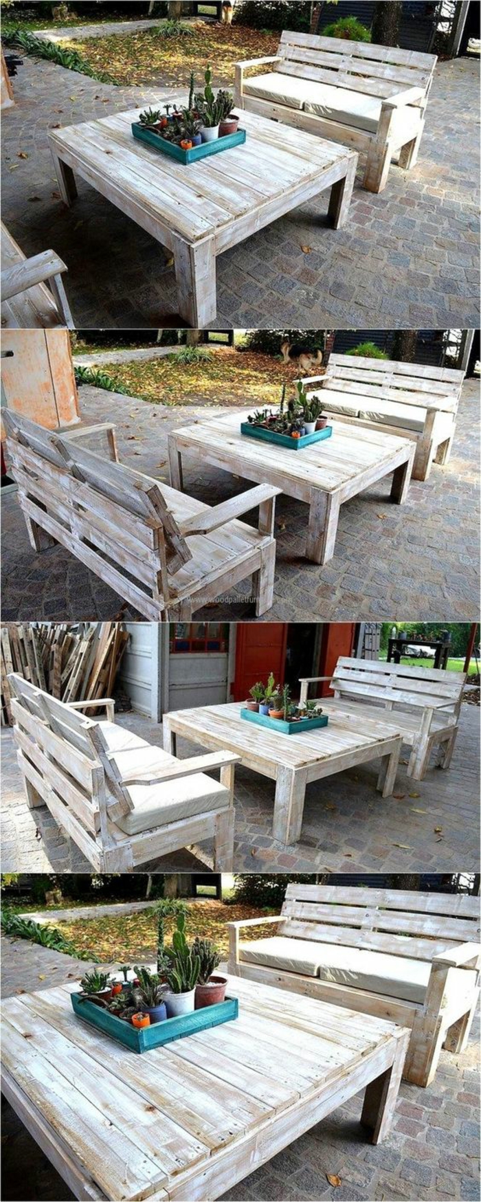 banquette en palette, canapé palette, table de jardin en palette, fauteuil palette, coin dîners d’été, bois peint en blanc, zone jardin pour manger au plein air 