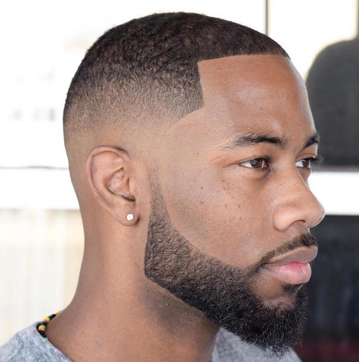 model de barbe a la mode fine et courte pour homme afro en dégradé taillée avec rasoir