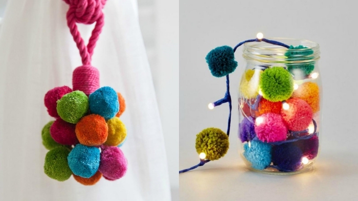 exemples d'objets décoratifs fait main avec pelotes de laine de couleurs variées, bocal lumineux avec guirlande en pompons