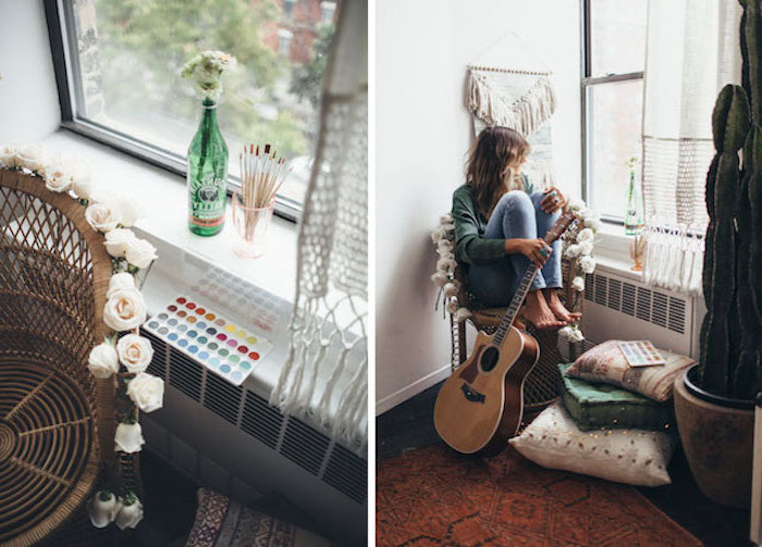 Lit commode design chambre à coucher moderne décoration de chambre bohème femme avec guitare peinture 