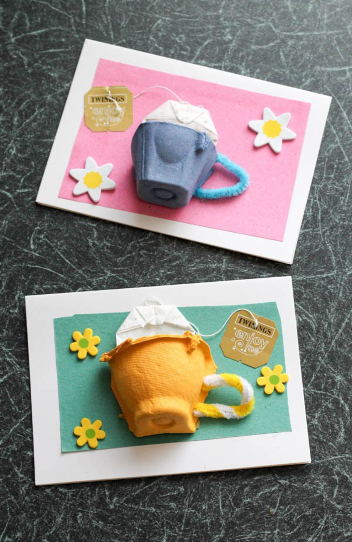 bricolage fête des mères avec une boîte d'oeuf recyclée, jolie carte fête des mères décorée avec une tasse de thé en carton récup et un sachet de thé dedans