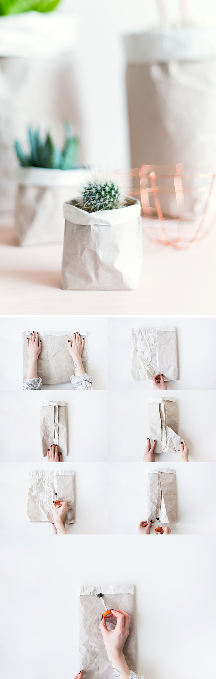 les étapes de pliage facile pour réaliser un cache-pot ou un pot de fleur en papier kraft, activite fete des mères pour réaliser un joli emballage cadeau personnalisé